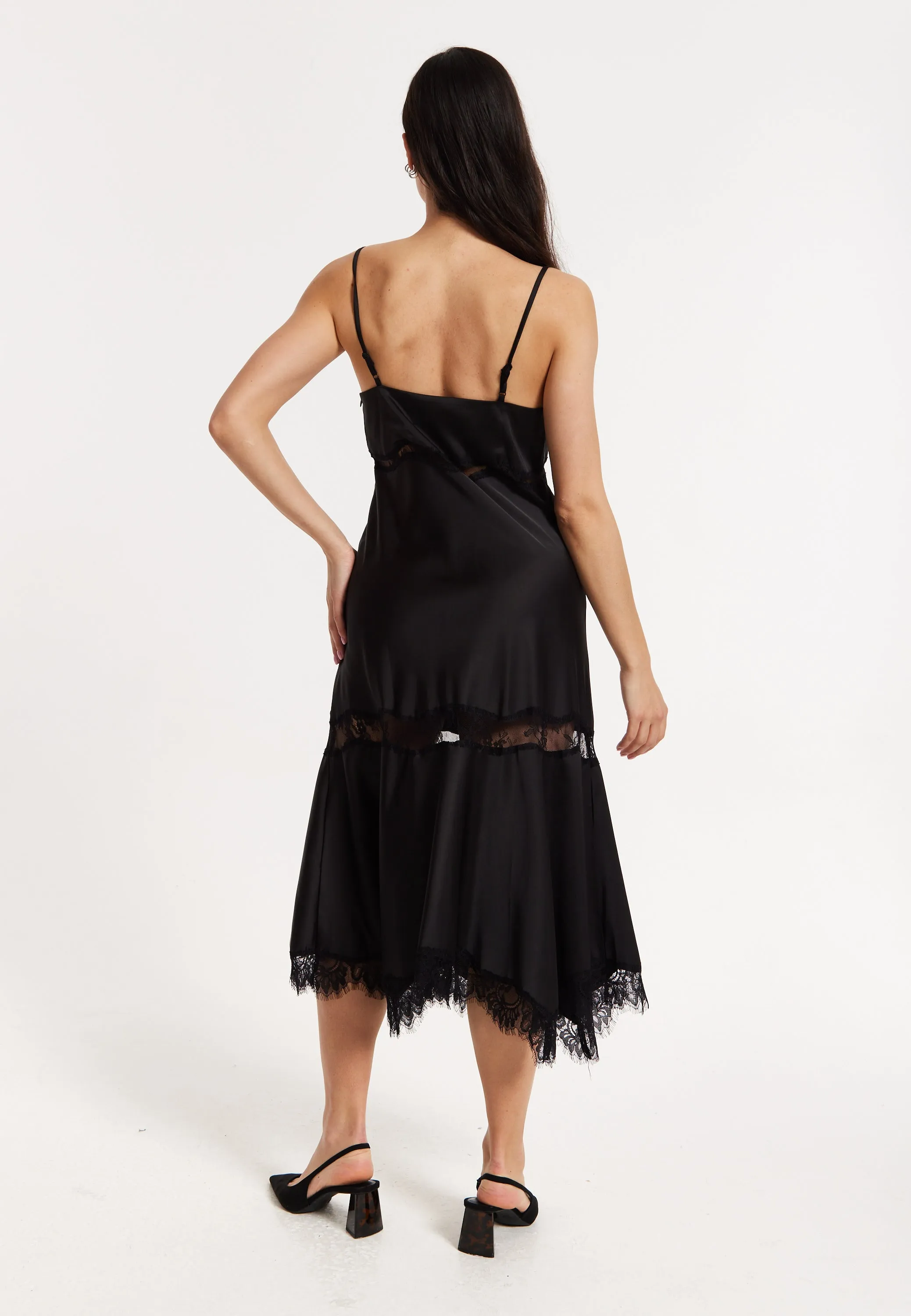 Black Satin Lace Midi Slip Dress