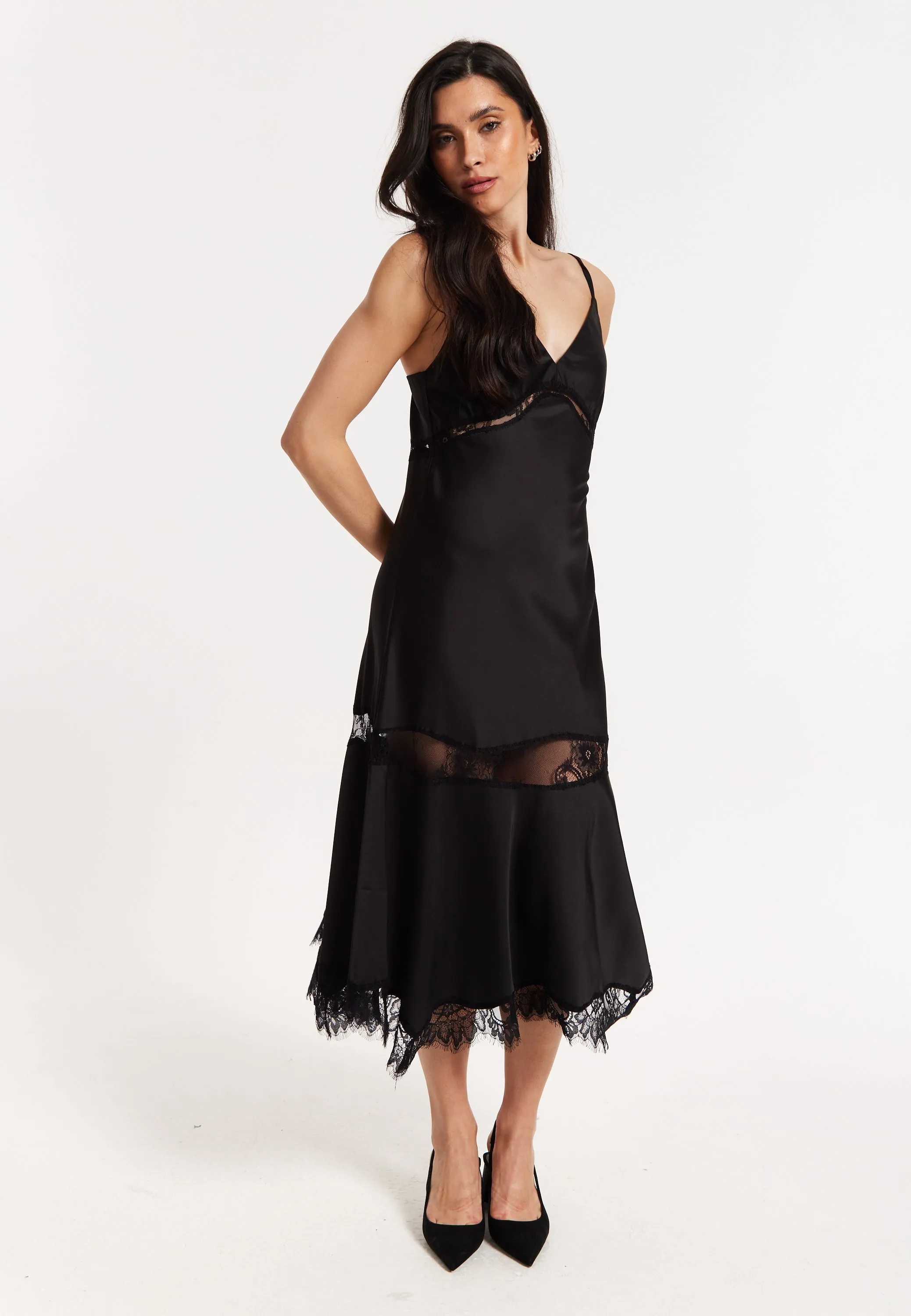 Black Satin Lace Midi Slip Dress