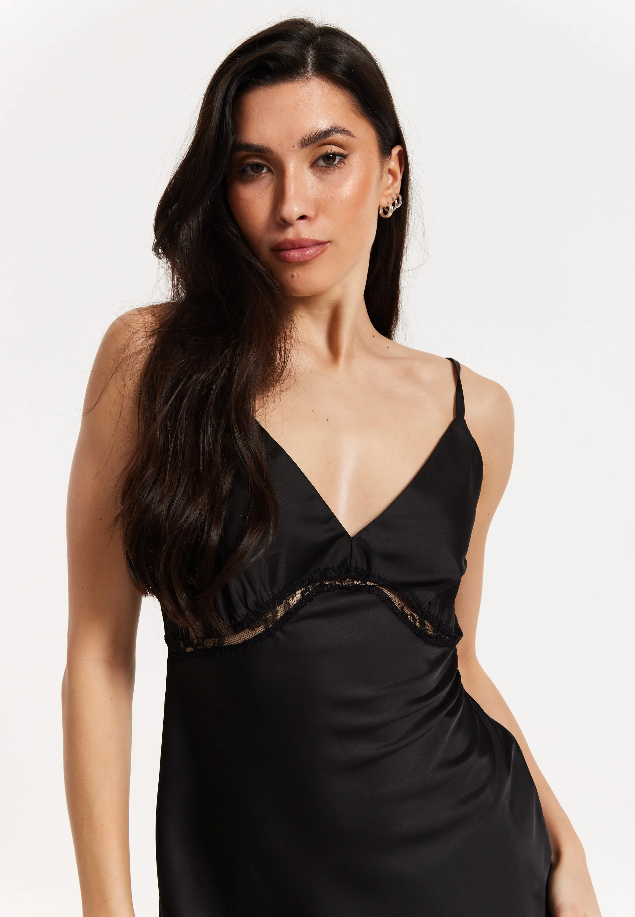Black Satin Lace Midi Slip Dress
