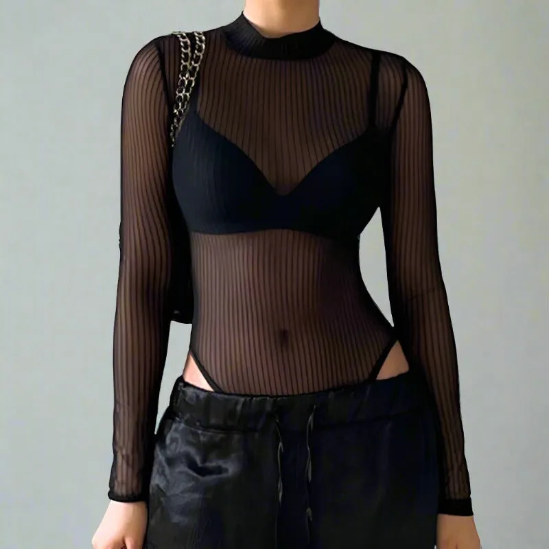 Black Sheer Striped Turtleneck Back Hollow Out Long Sleeve Bodysuit
