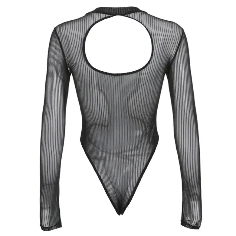 Black Sheer Striped Turtleneck Back Hollow Out Long Sleeve Bodysuit