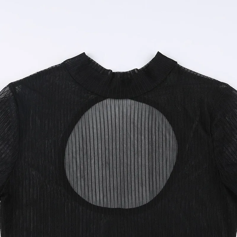 Black Sheer Striped Turtleneck Back Hollow Out Long Sleeve Bodysuit