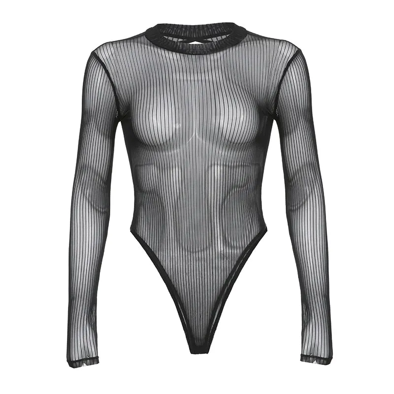 Black Sheer Striped Turtleneck Back Hollow Out Long Sleeve Bodysuit