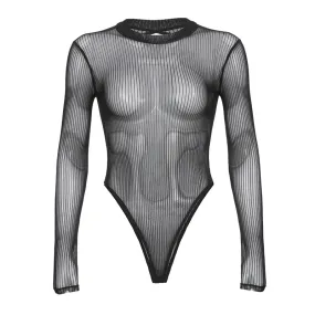 Black Sheer Striped Turtleneck Back Hollow Out Long Sleeve Bodysuit