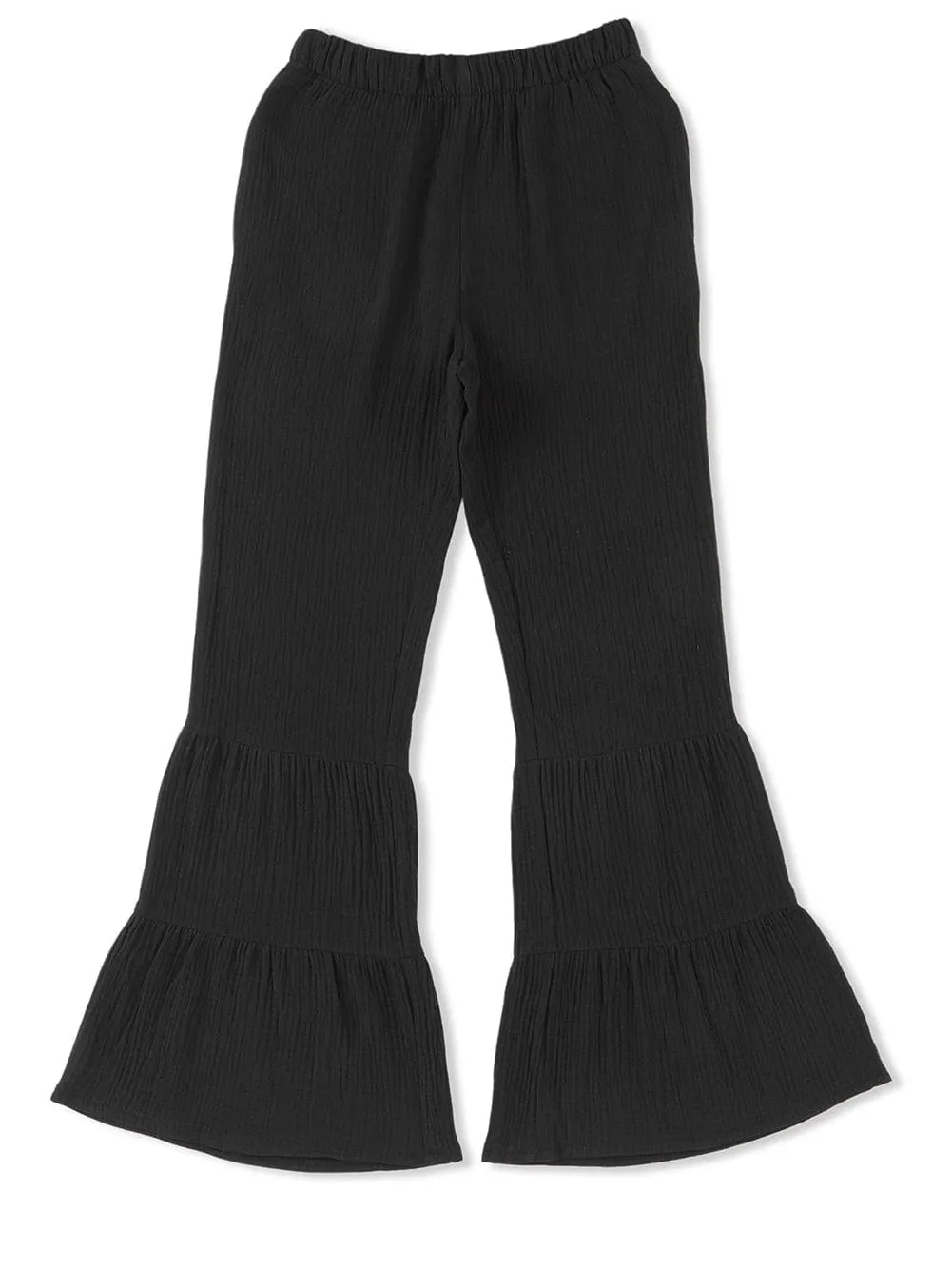 Black Textured High Waist Ruffle Flare Pants