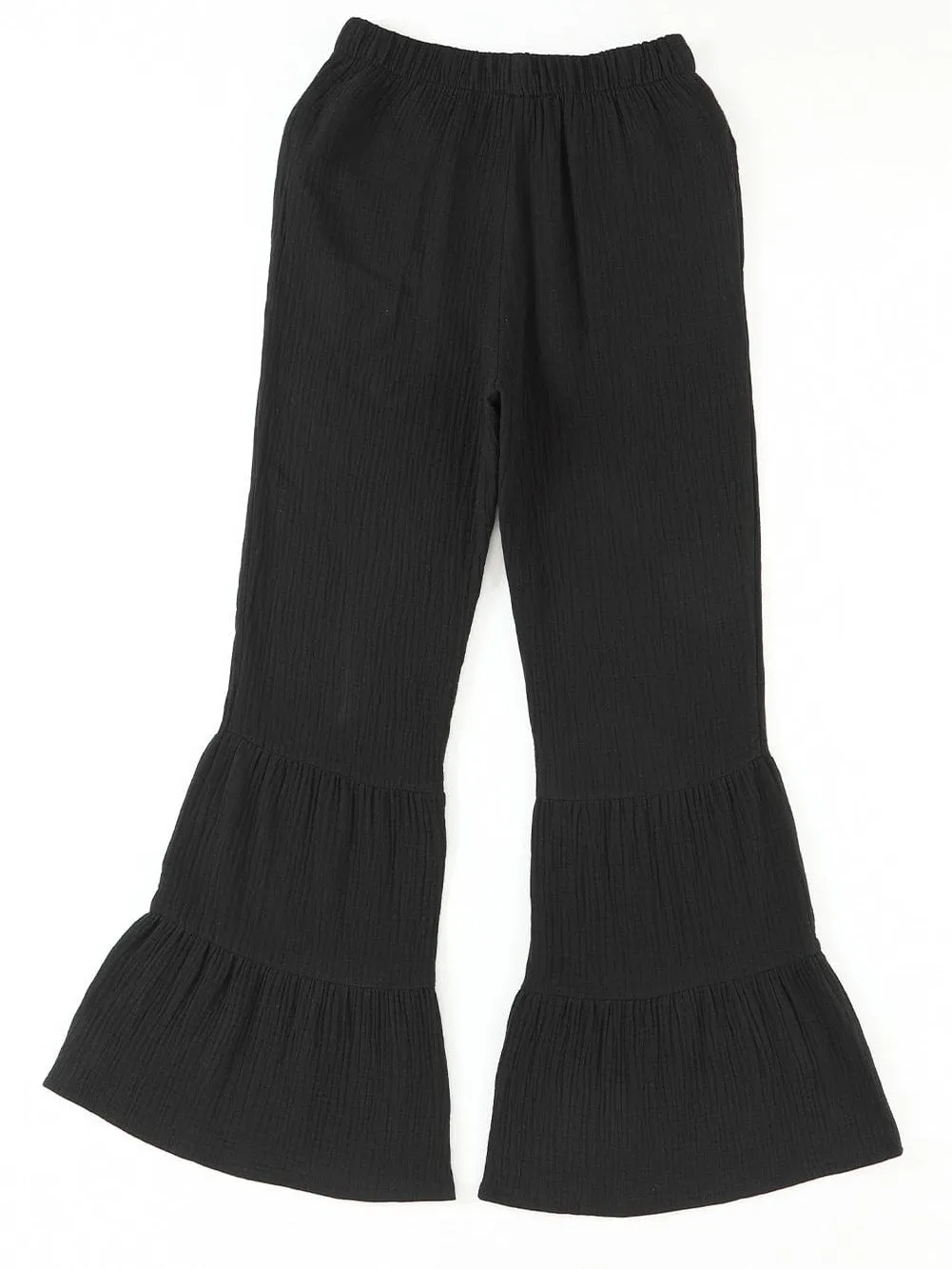 Black Textured High Waist Ruffle Flare Pants