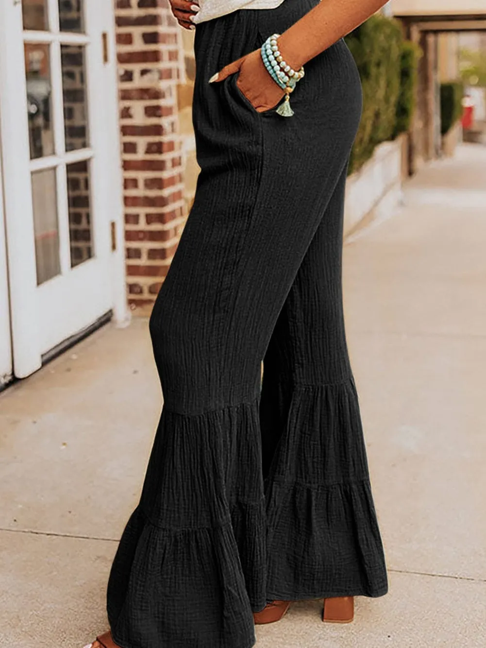 Black Textured High Waist Ruffle Flare Pants