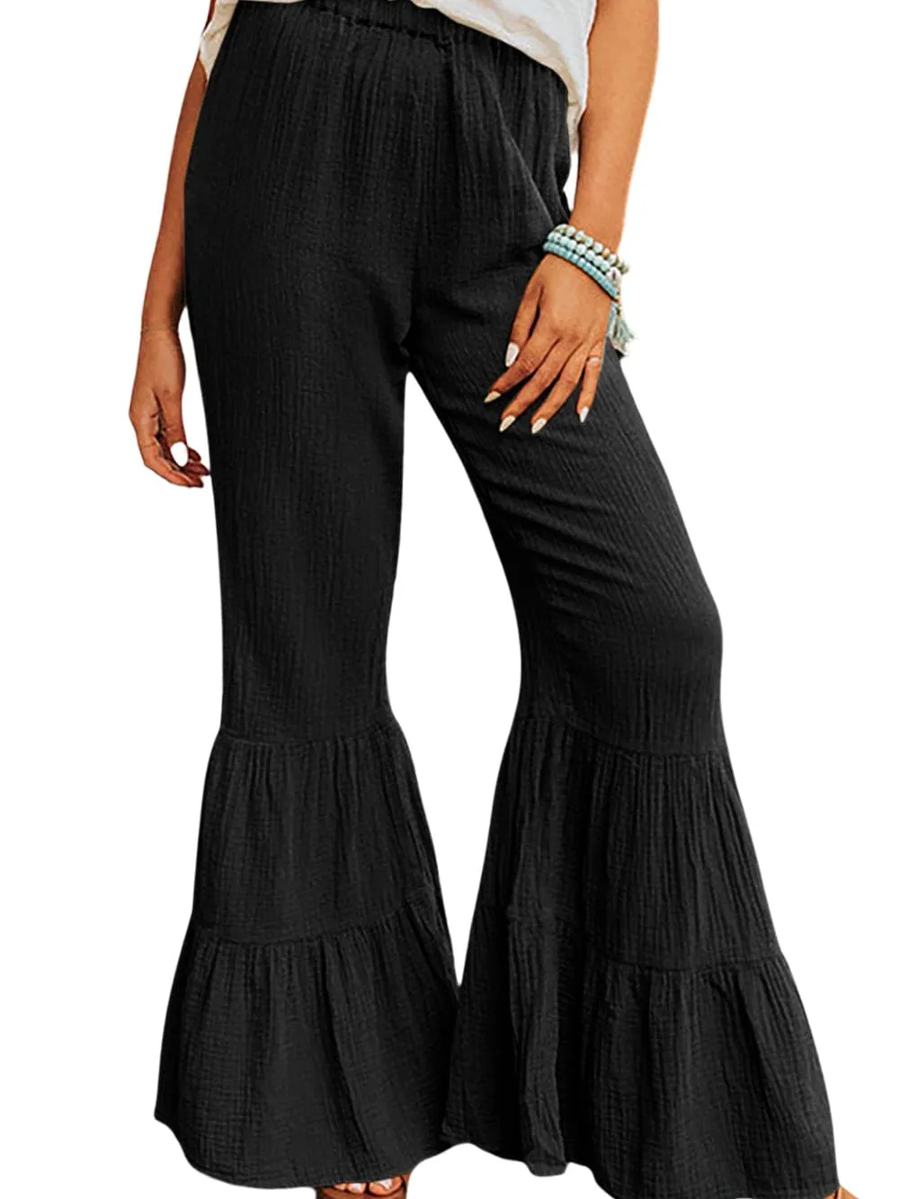 Black Textured High Waist Ruffle Flare Pants