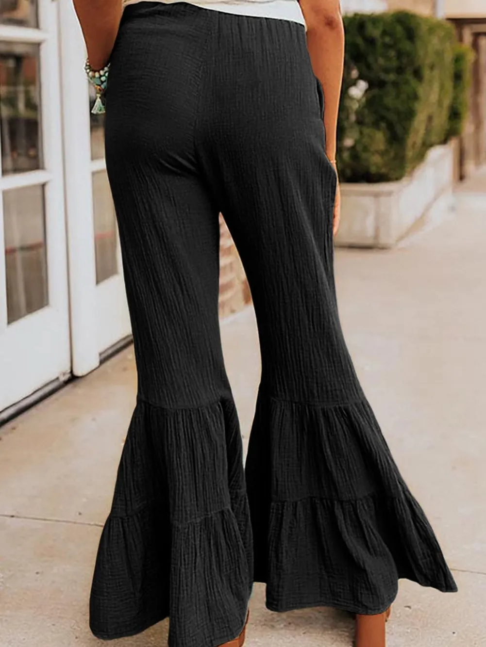 Black Textured High Waist Ruffle Flare Pants