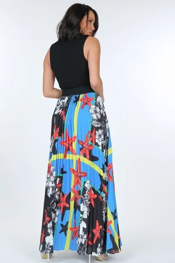 Blue Pleated Print Maxi Skirt With Leather Waist Band