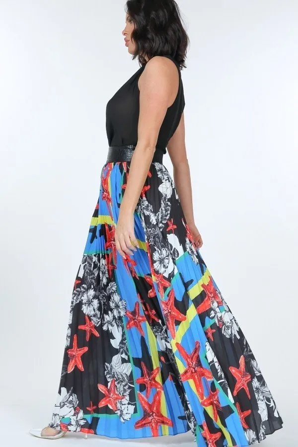Blue Pleated Print Maxi Skirt With Leather Waist Band