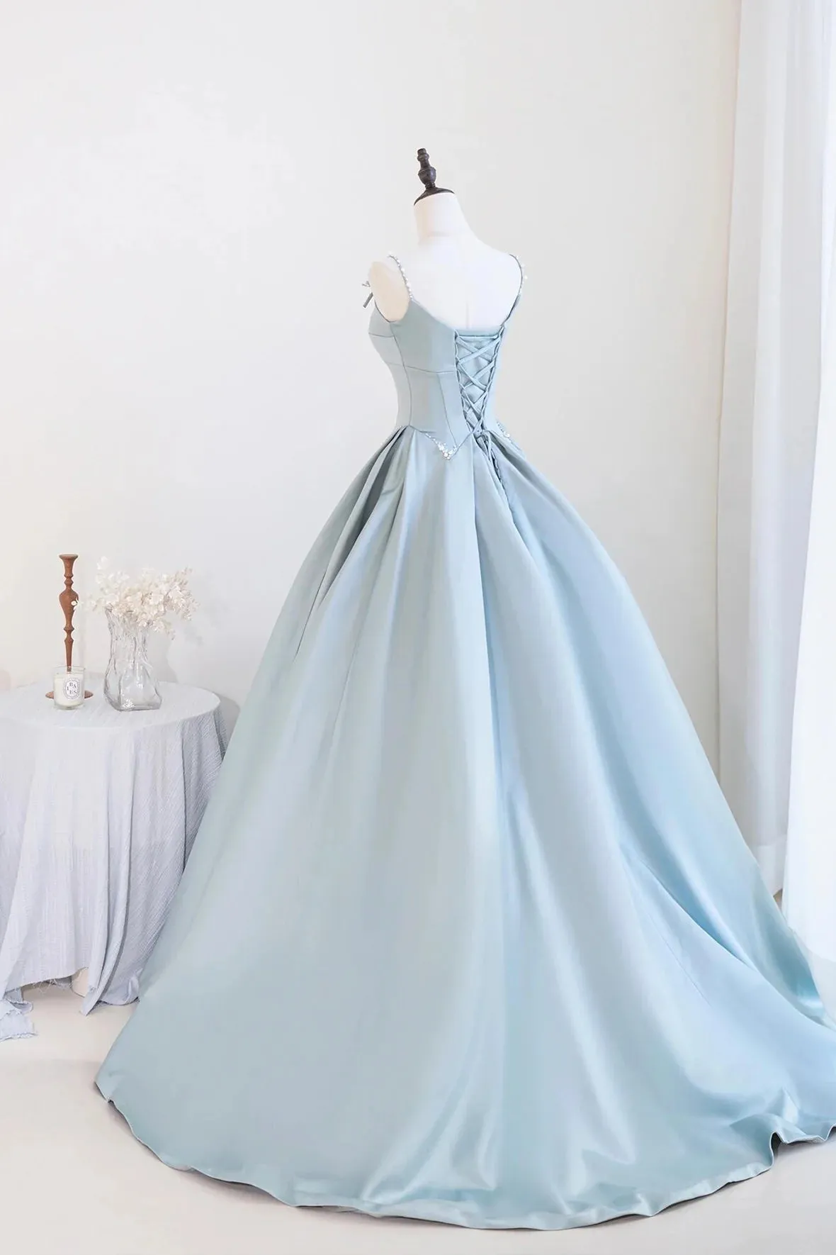 Blue Satin Long Prom Dress, A-Line Spaghetti Straps Backless Evening Dress