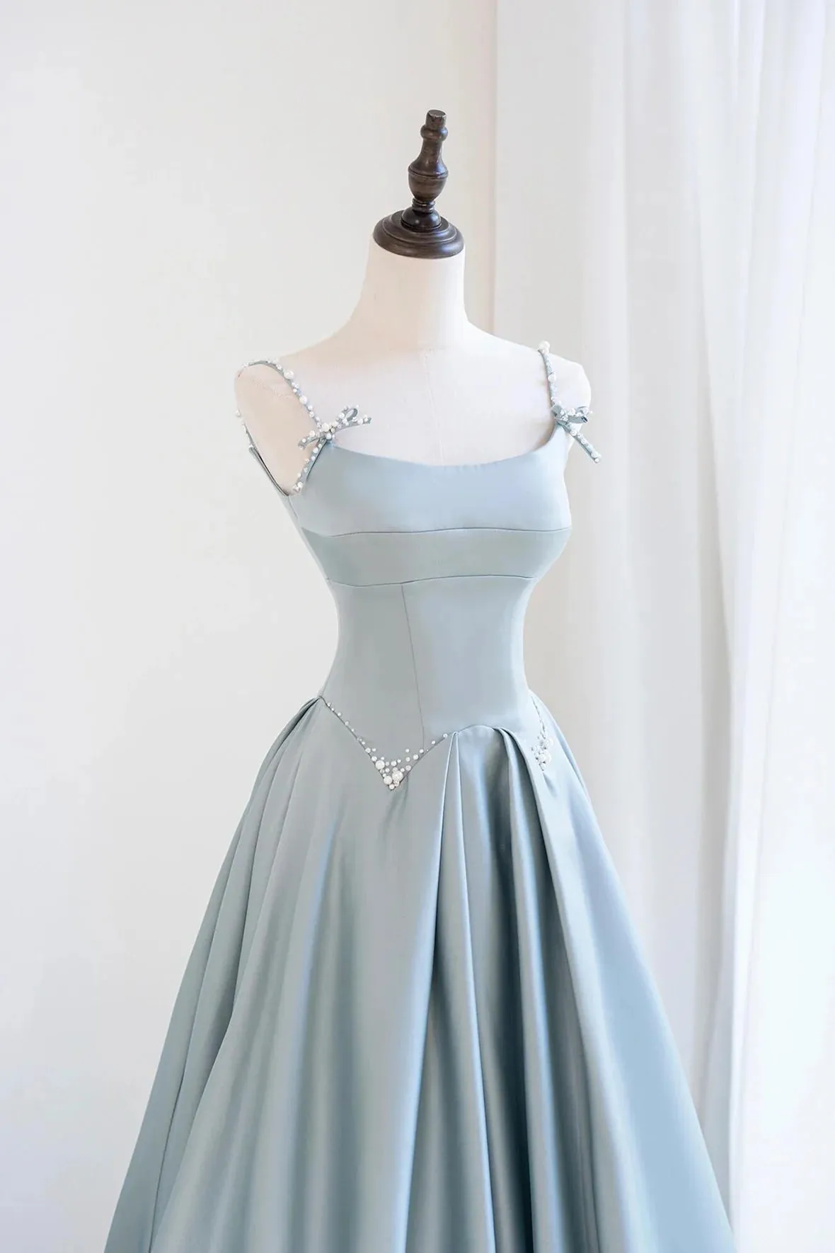 Blue Satin Long Prom Dress, A-Line Spaghetti Straps Backless Evening Dress