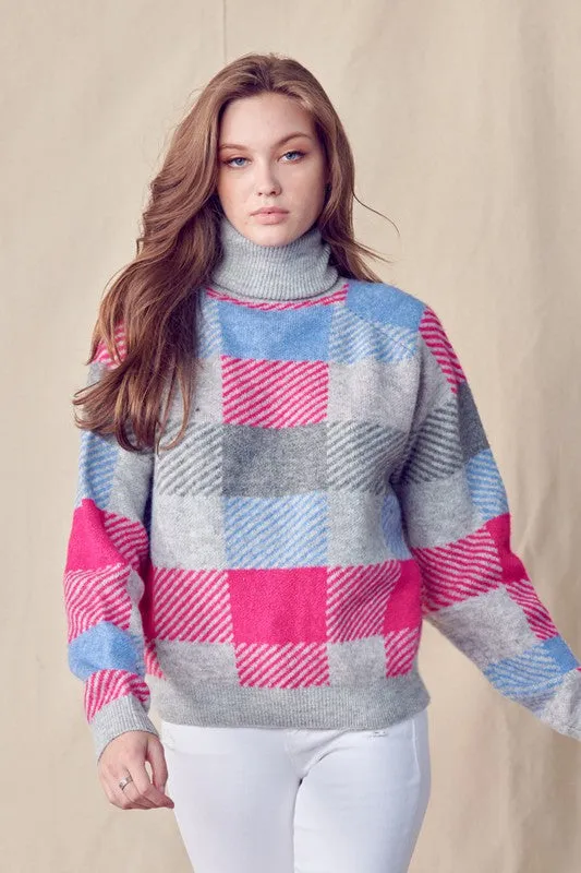 Blue/Pink Checkered Turtleneck