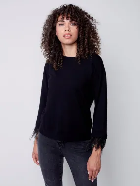 Charlie B Crew-Neck Sweater With Removable Feather Cuff Trim