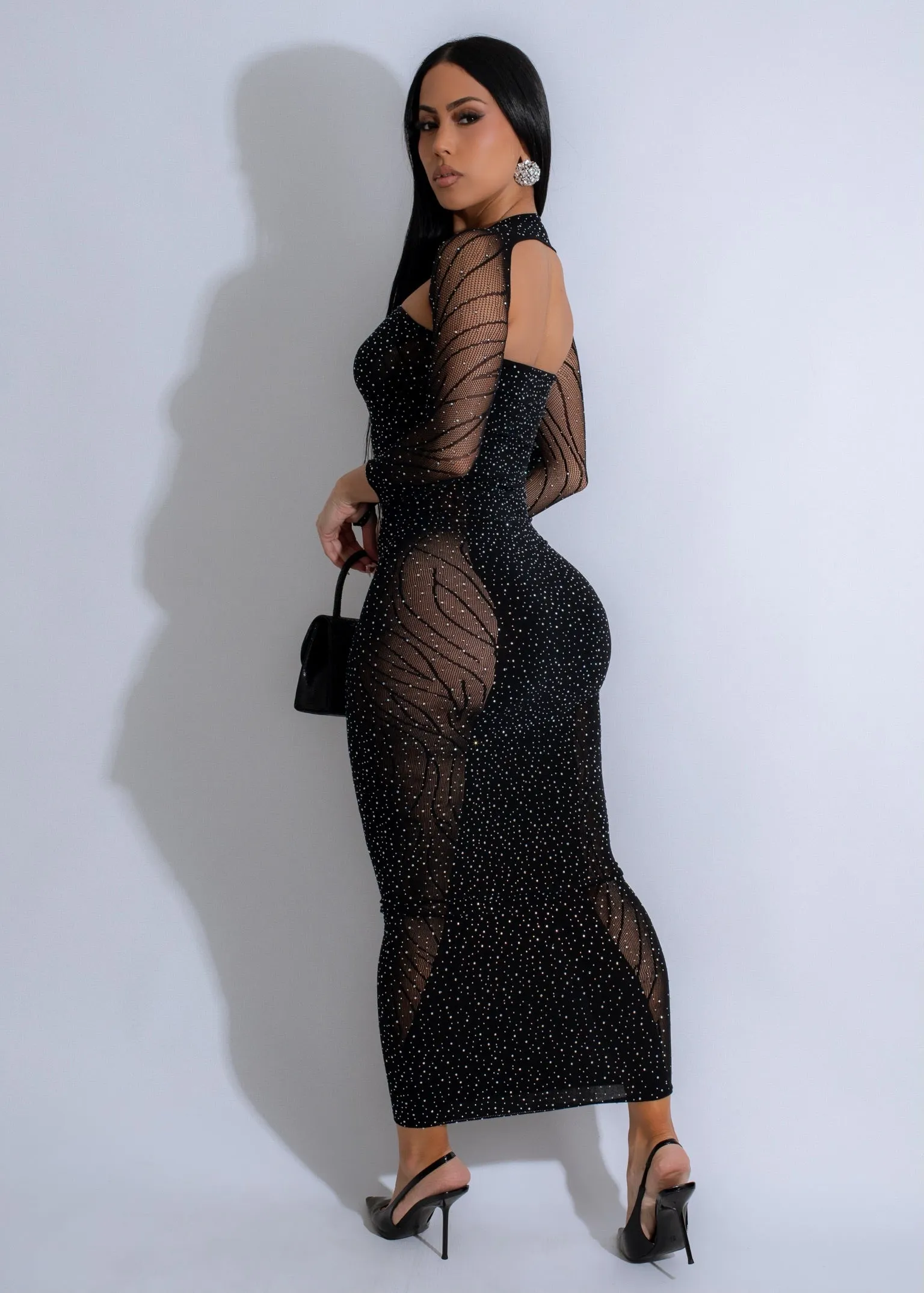 Cosmic Glow Rhinestones Maxi Dress Black