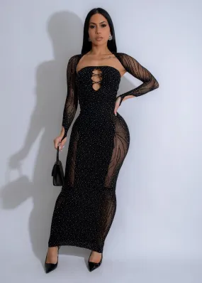 Cosmic Glow Rhinestones Maxi Dress Black