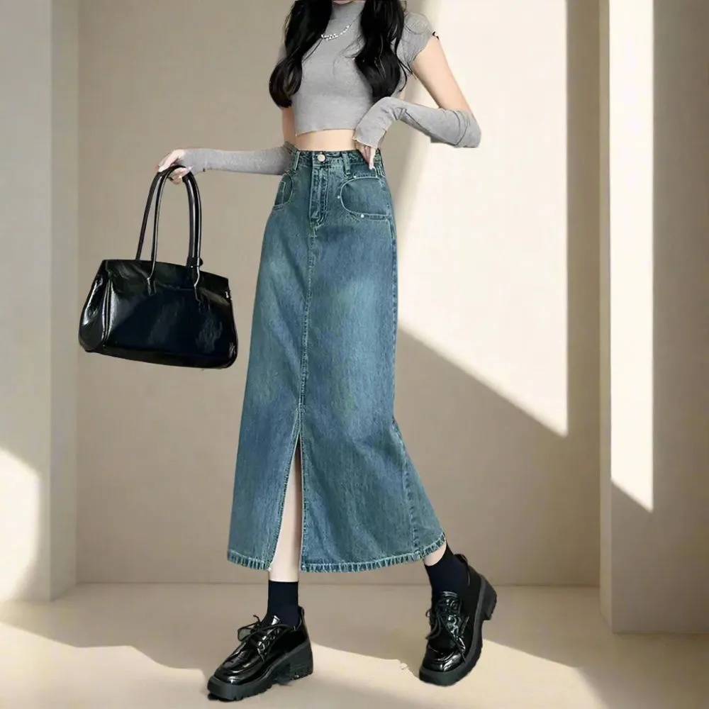 Cute Casual Denim Maxi Skirt – High Waist and Front Split Design