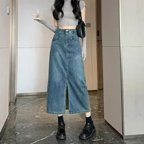 Cute Casual Denim Maxi Skirt – High Waist and Front Split Design