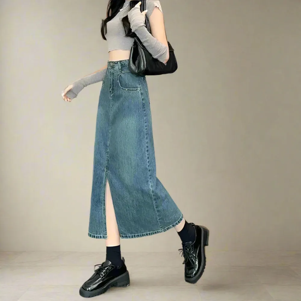 Cute Casual Denim Maxi Skirt – High Waist and Front Split Design
