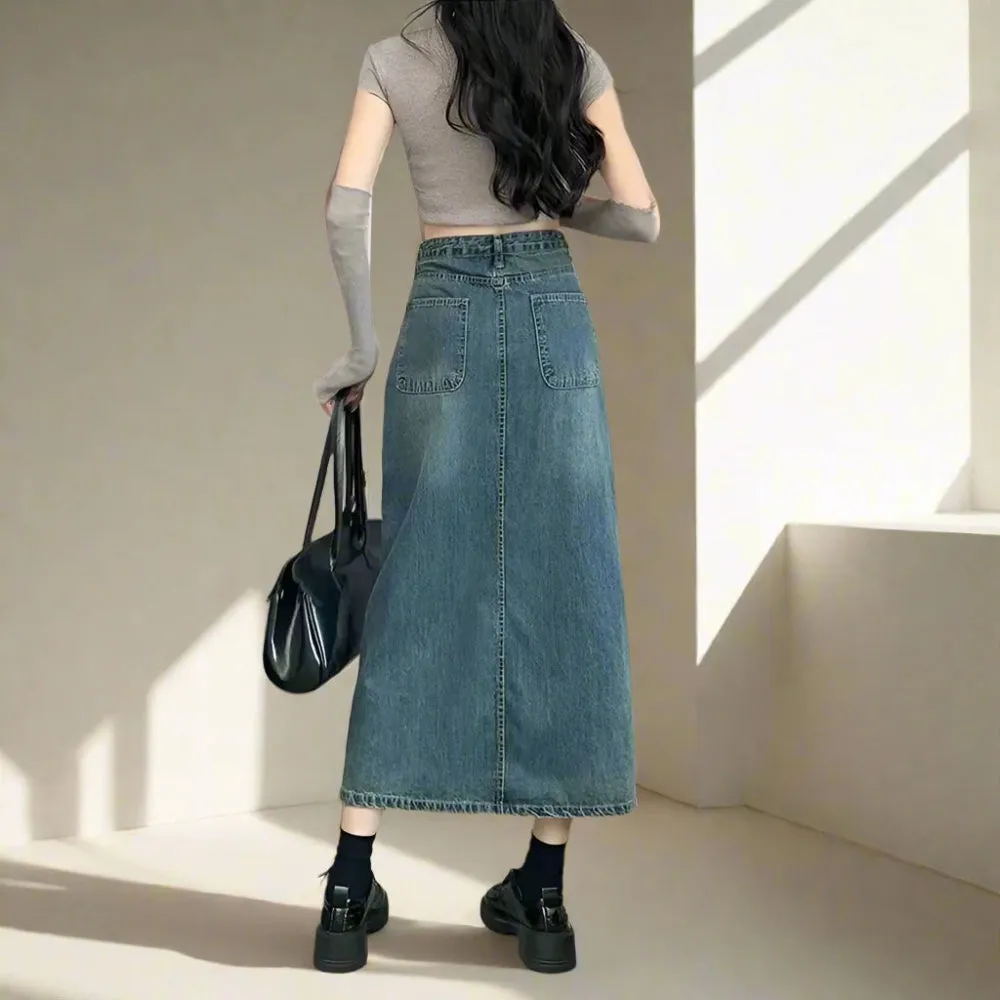 Cute Casual Denim Maxi Skirt – High Waist and Front Split Design