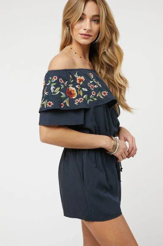 Davi & Dani | Floral Embroidered Off Shoulder Romper