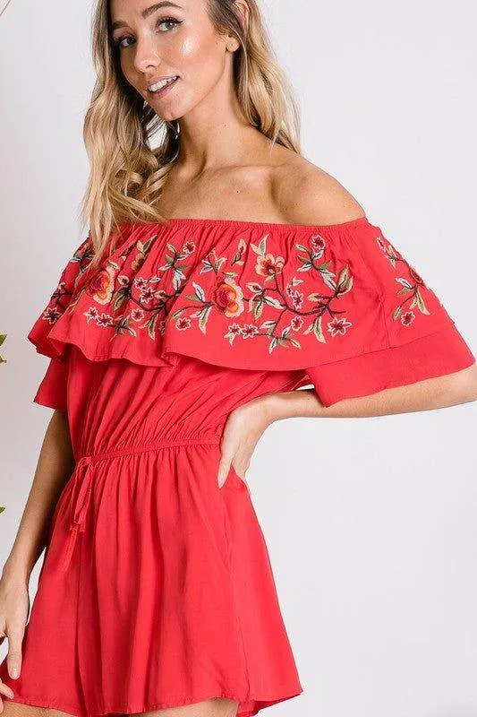Davi & Dani | Floral Embroidered Off Shoulder Romper