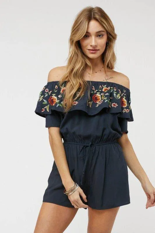 Davi & Dani | Floral Embroidered Off Shoulder Romper