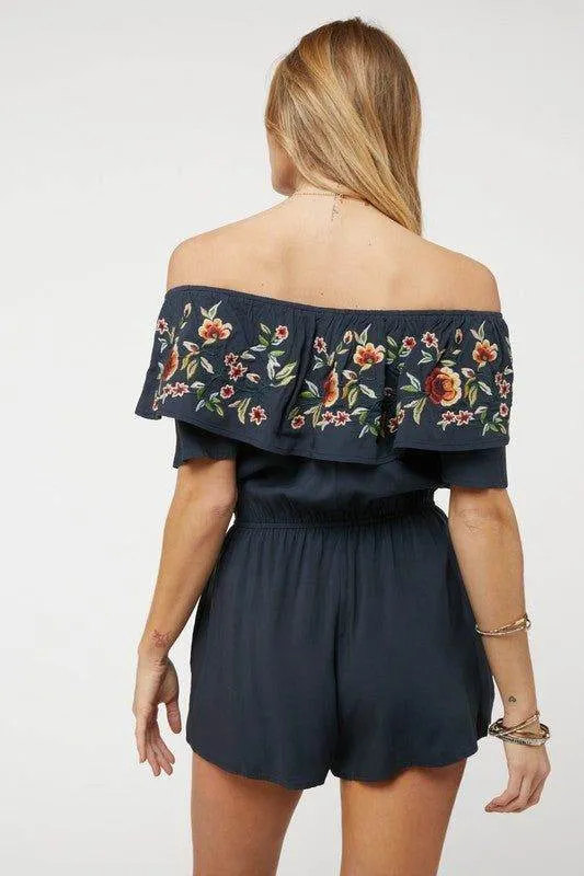 Davi & Dani | Floral Embroidered Off Shoulder Romper