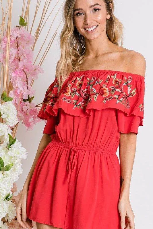 Davi & Dani | Floral Embroidered Off Shoulder Romper