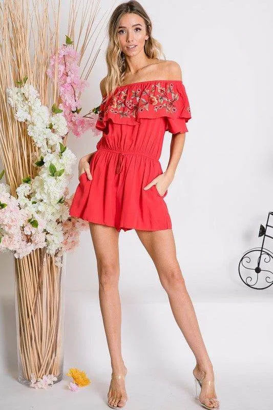 Davi & Dani | Floral Embroidered Off Shoulder Romper