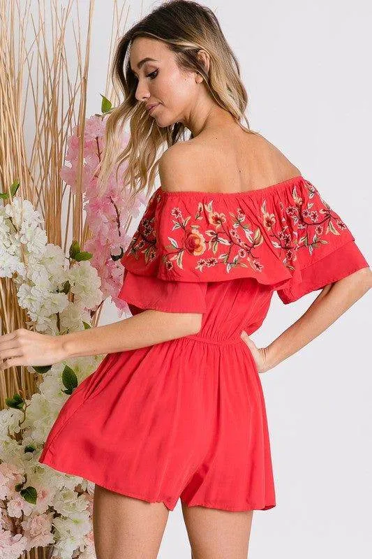 Davi & Dani | Floral Embroidered Off Shoulder Romper