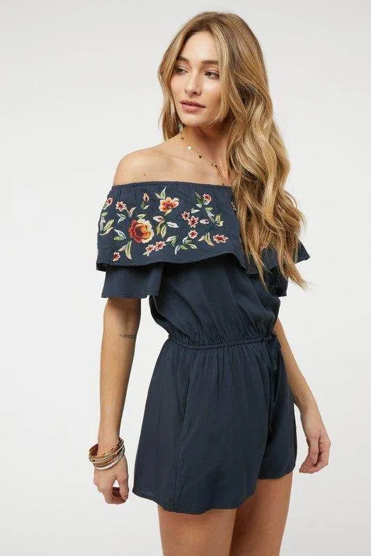 Davi & Dani | Floral Embroidered Off Shoulder Romper