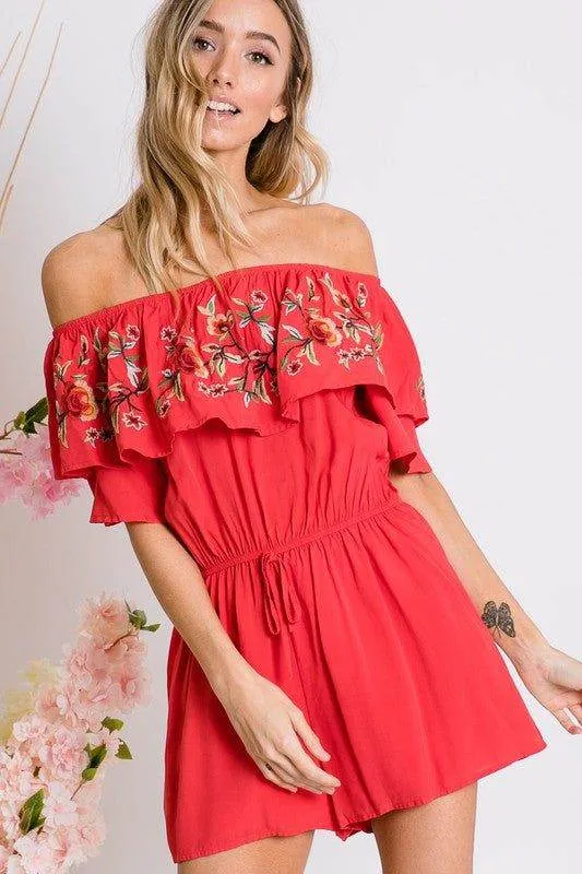 Davi & Dani | Floral Embroidered Off Shoulder Romper
