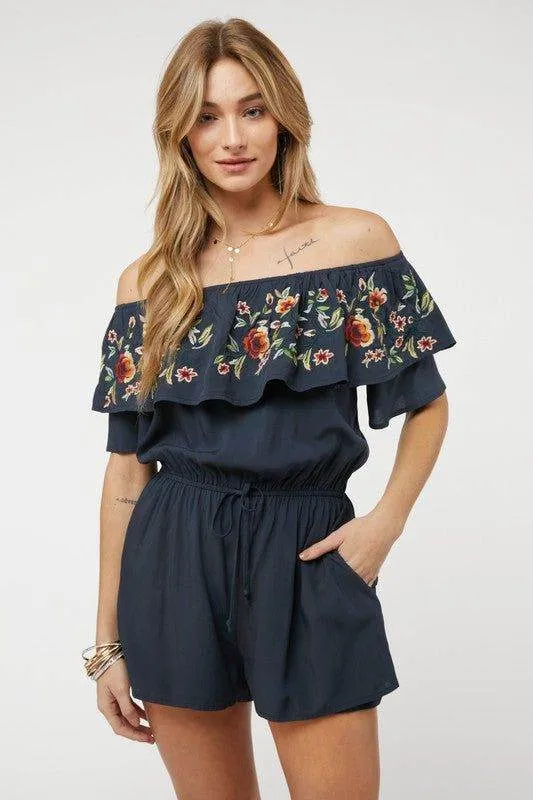 Davi & Dani | Floral Embroidered Off Shoulder Romper