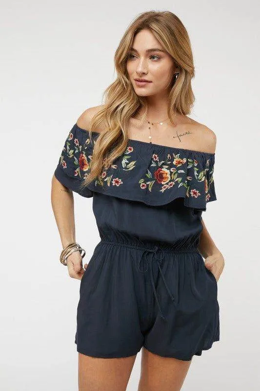 Davi & Dani | Floral Embroidered Off Shoulder Romper