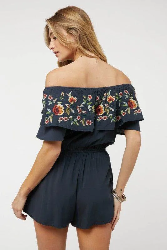 Davi & Dani | Floral Embroidered Off Shoulder Romper
