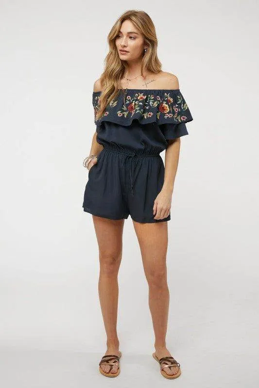 Davi & Dani | Floral Embroidered Off Shoulder Romper