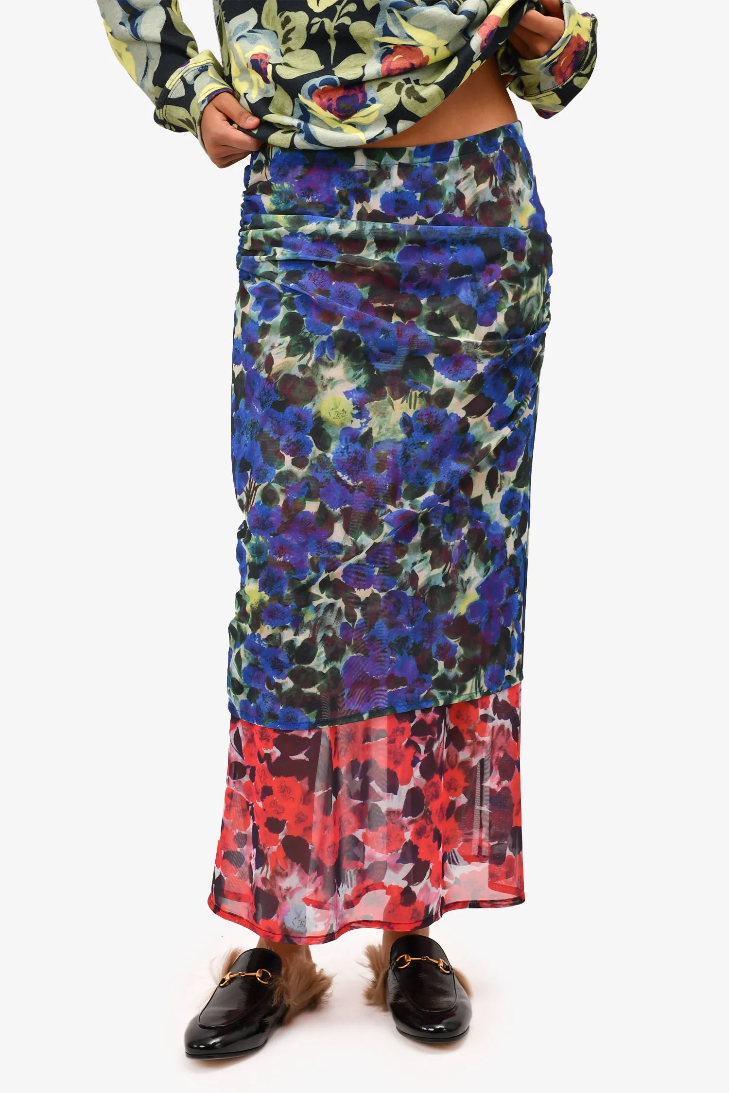 Dries Van Noten Blue/Pink Floral Patterned Sheer Maxi Skirt Size M