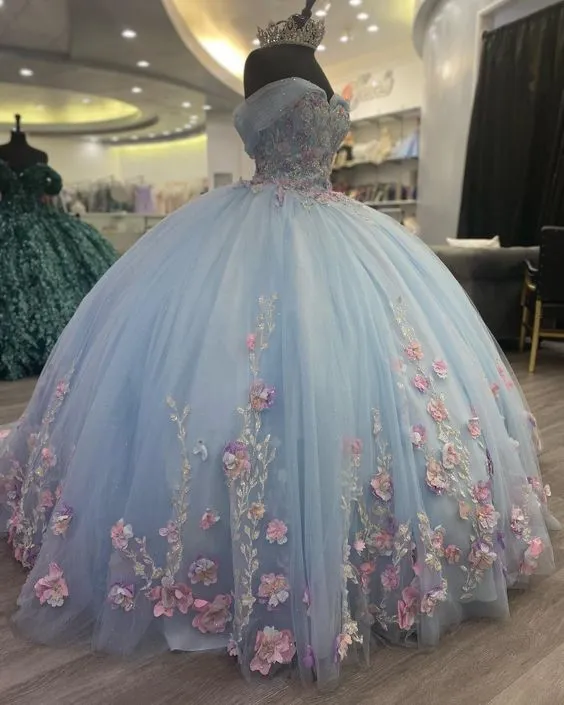 Elegant Blue Ball Gown Quinceanera Prom dresses Applique Lace Sweet 16 Formal Dress      fg4052