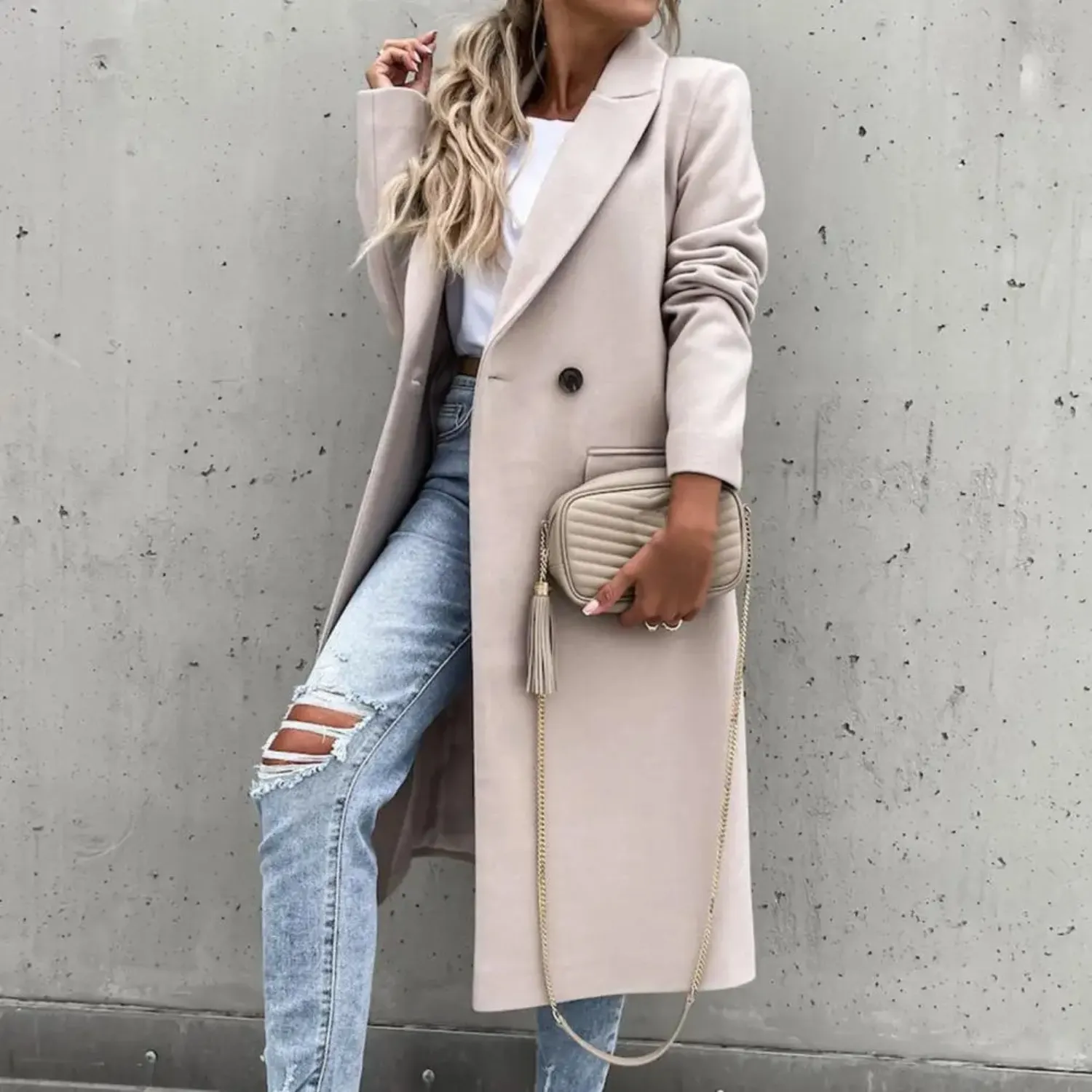 Elegante Dubbelrijige Lange Damesjas