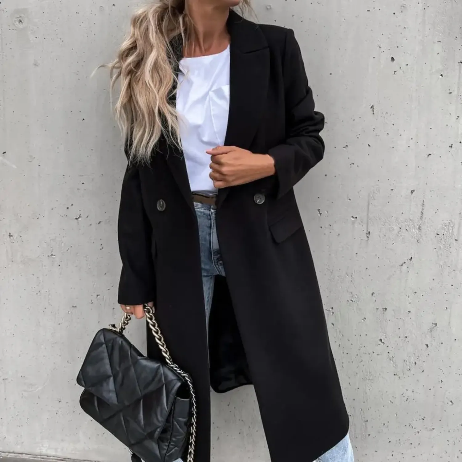 Elegante Dubbelrijige Lange Damesjas
