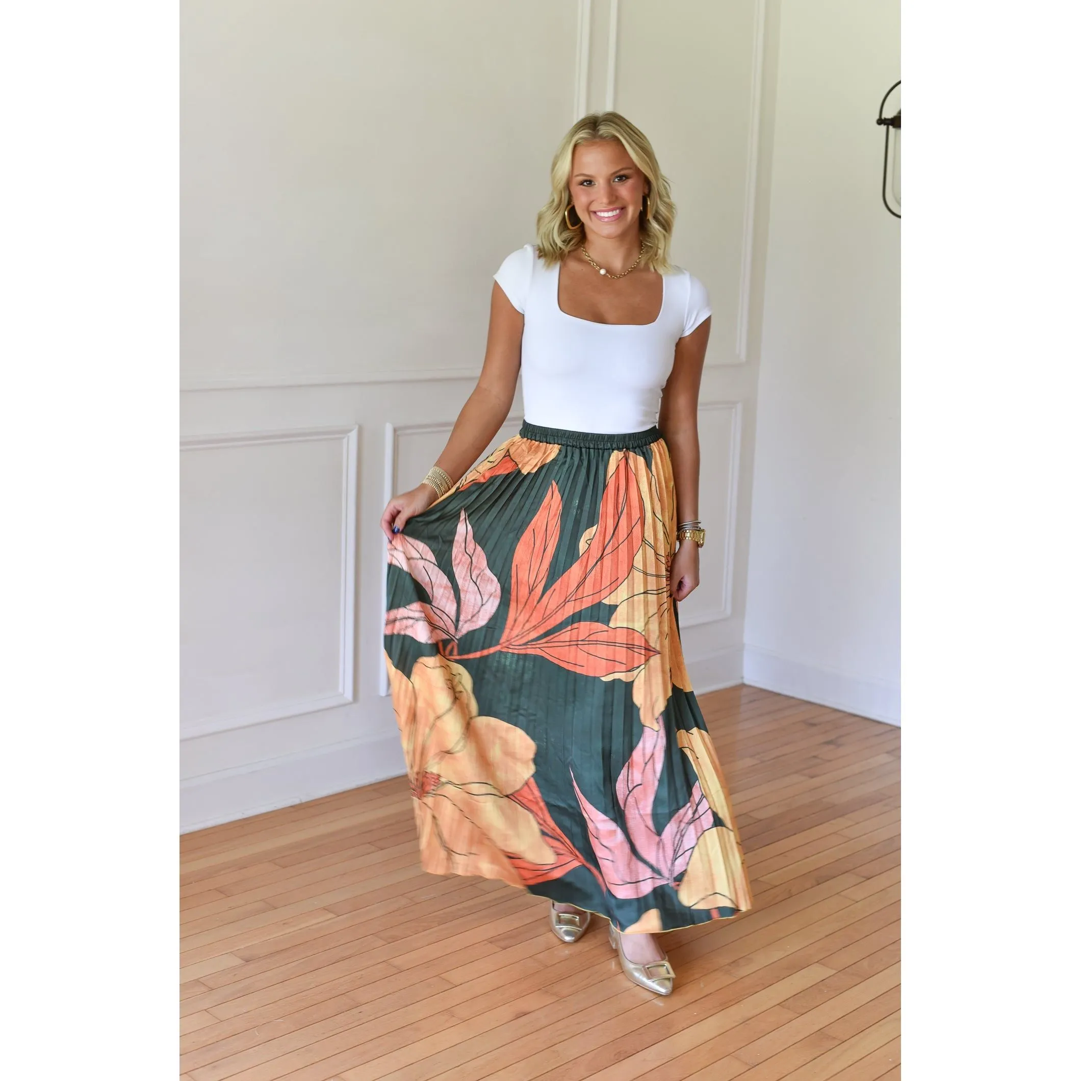 Eufaula Garden Green Silk Pleated Maxi Skirt