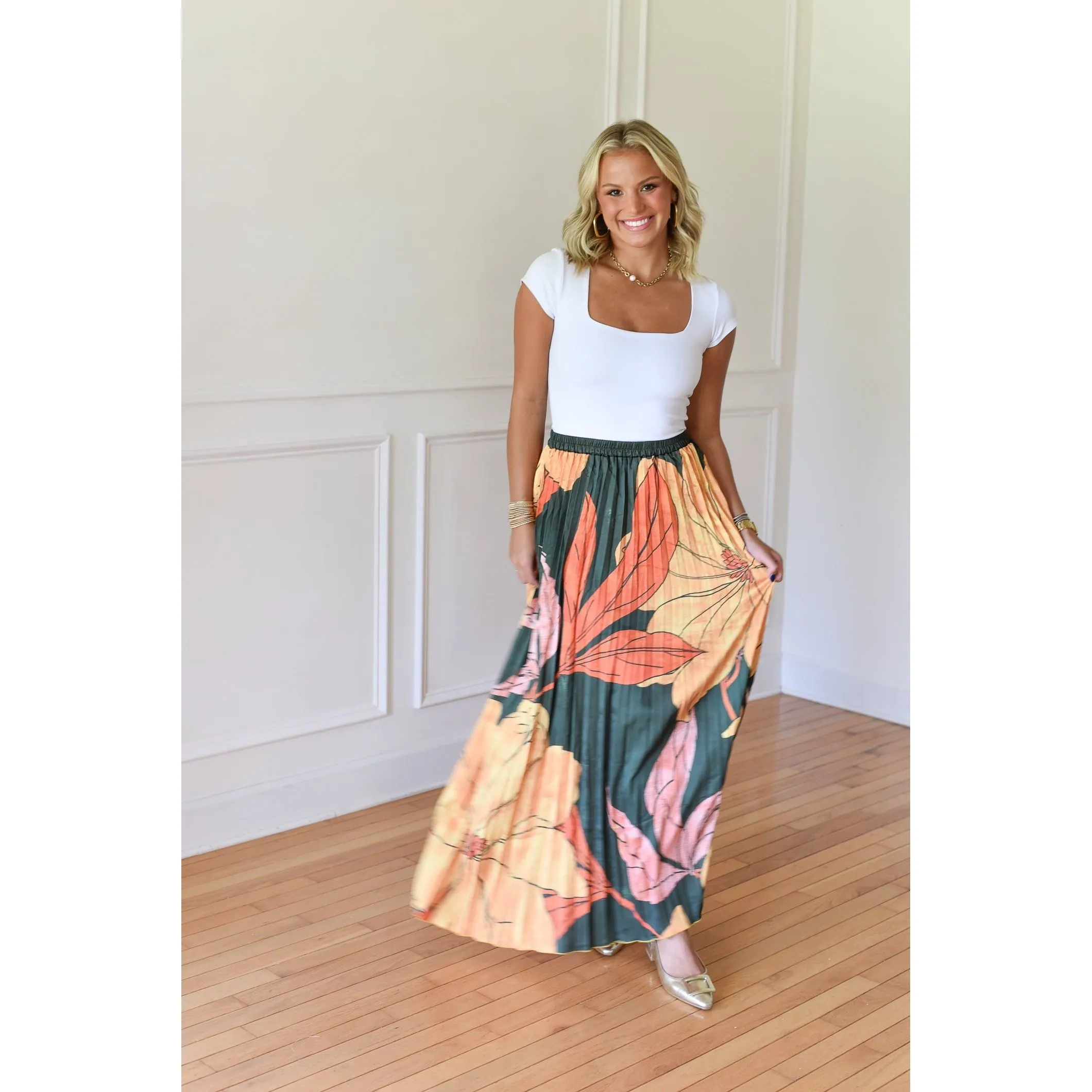 Eufaula Garden Green Silk Pleated Maxi Skirt