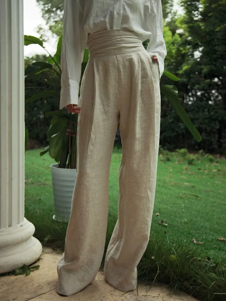 Eye-Catching Linen Fashion Retro High Waist Pants Thick Artistic Style for Women
