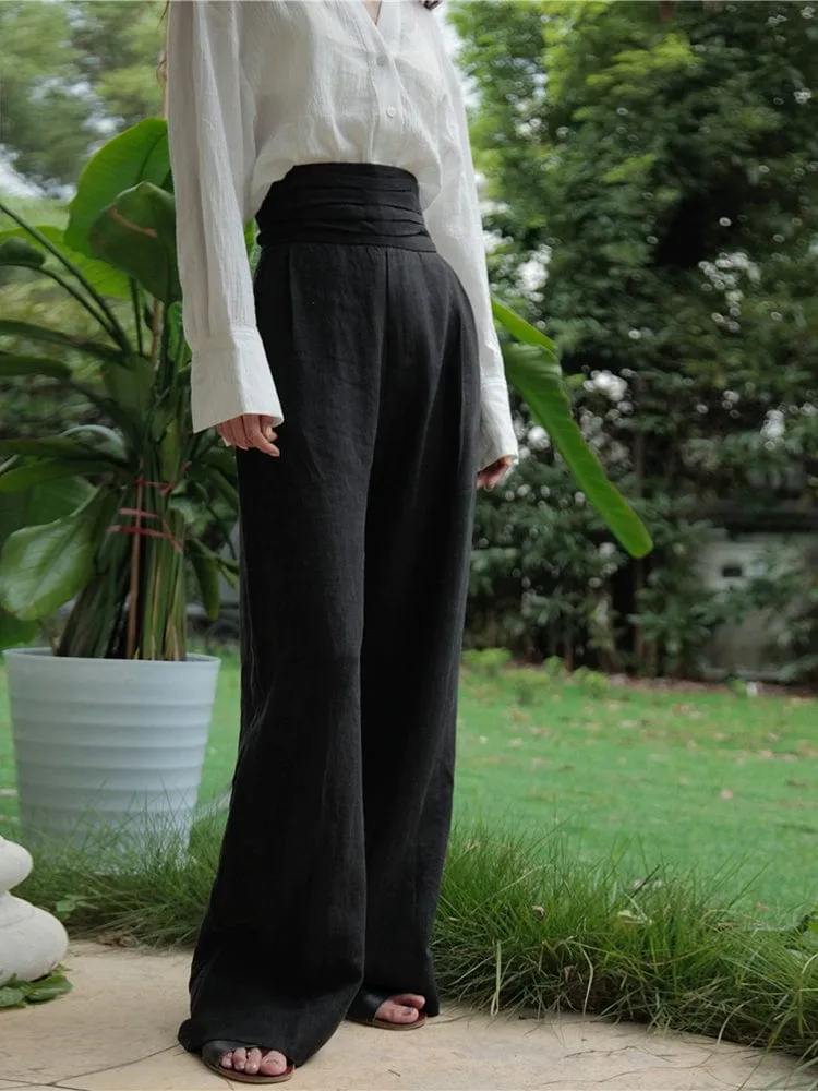 Eye-Catching Linen Fashion Retro High Waist Pants Thick Artistic Style for Women