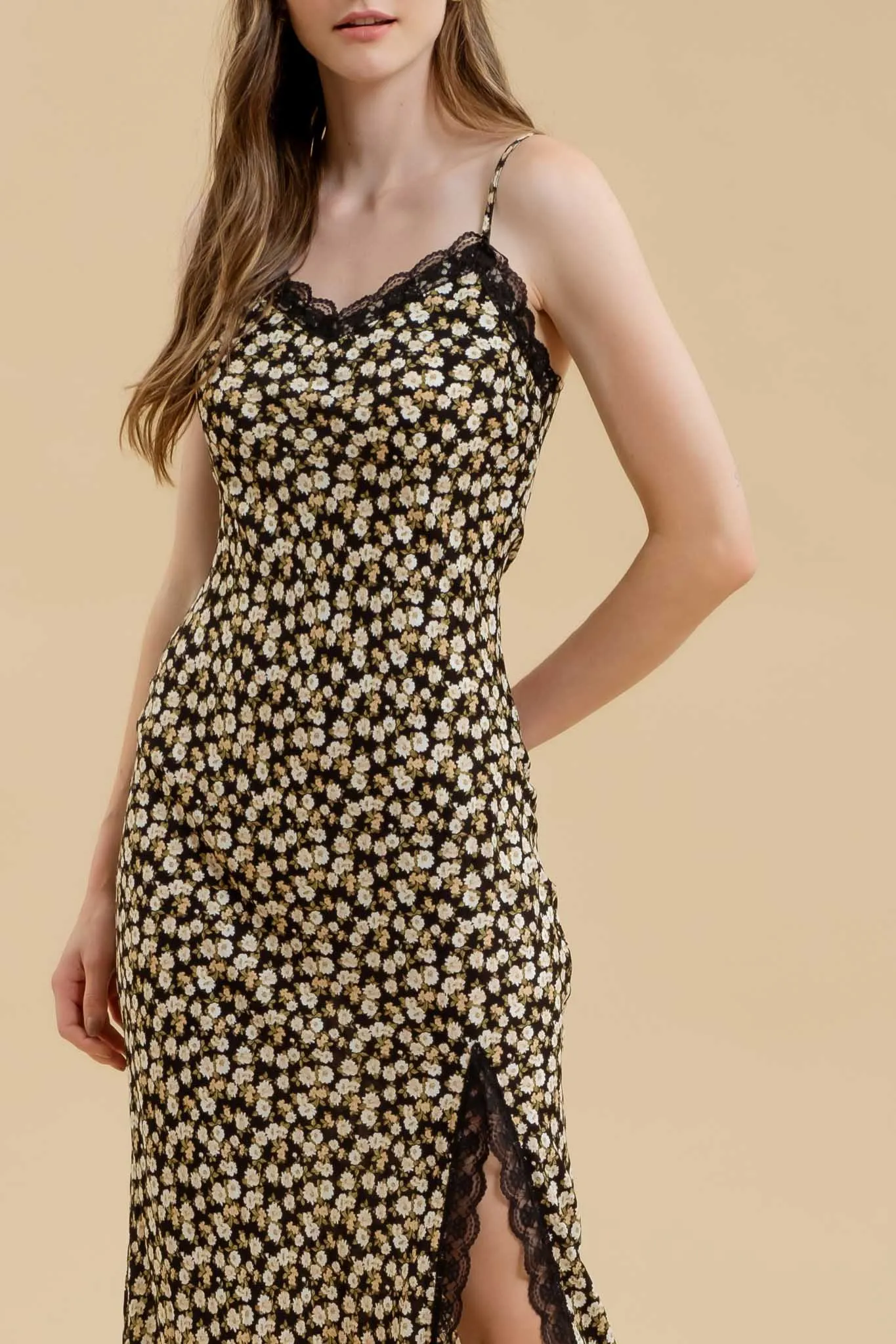 FLORAL LACE TRIM SPLIT THIGH SLIP MAXI DRESS