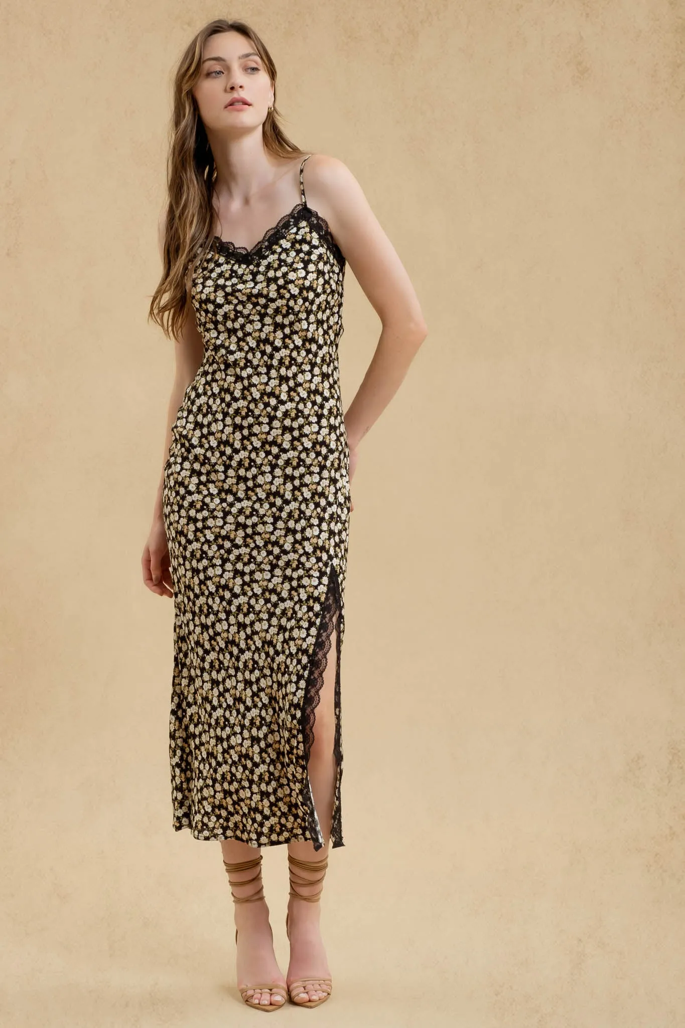 FLORAL LACE TRIM SPLIT THIGH SLIP MAXI DRESS