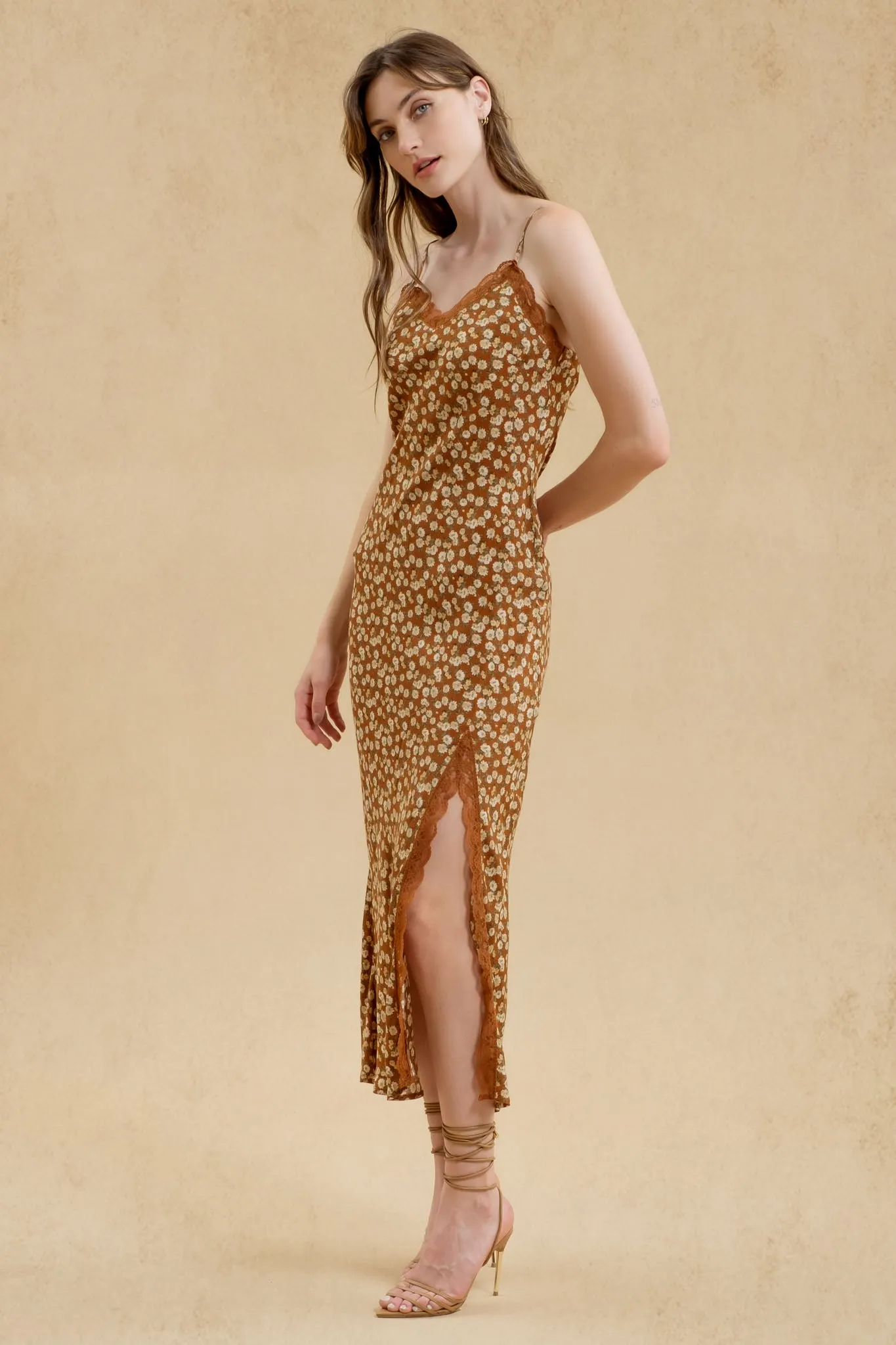 FLORAL LACE TRIM SPLIT THIGH SLIP MAXI DRESS