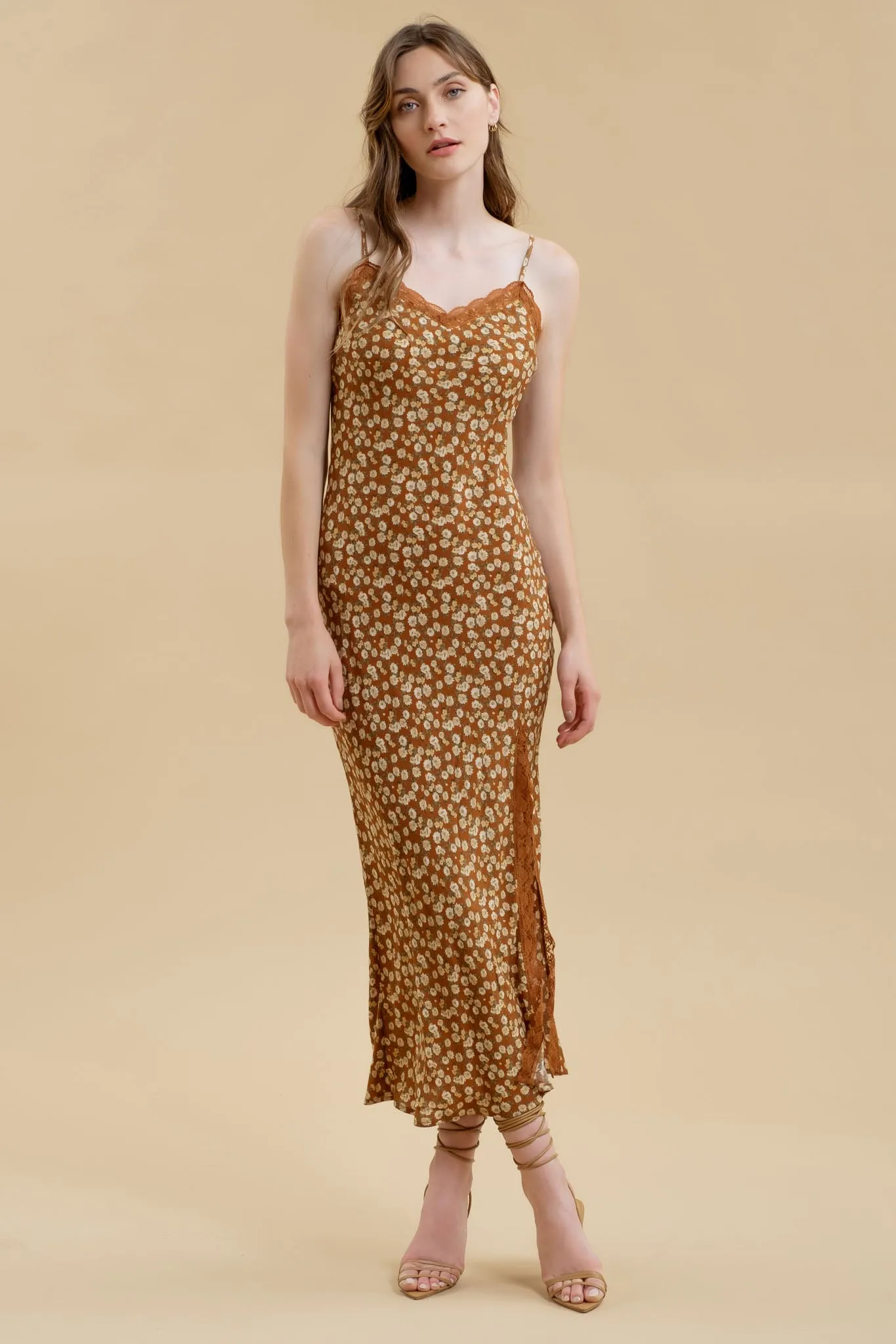 FLORAL LACE TRIM SPLIT THIGH SLIP MAXI DRESS